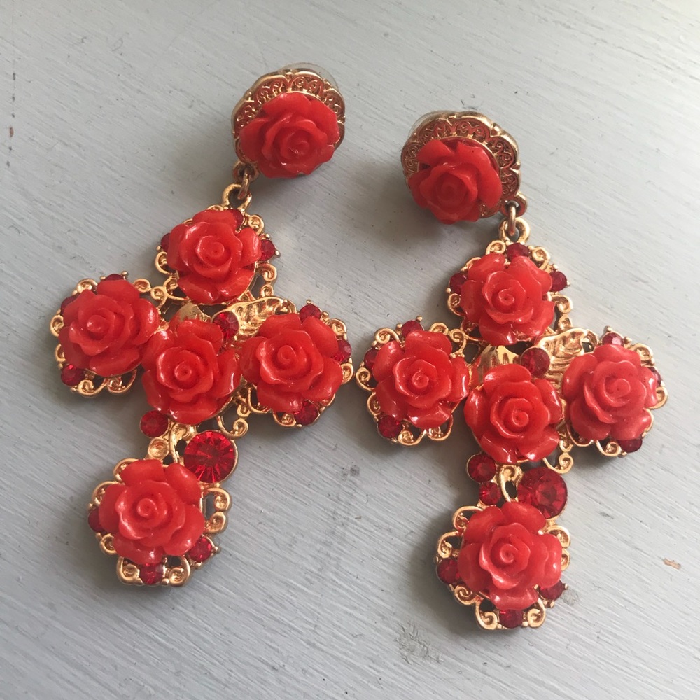 Red and Gold Rose Cross Earrings (Free People)